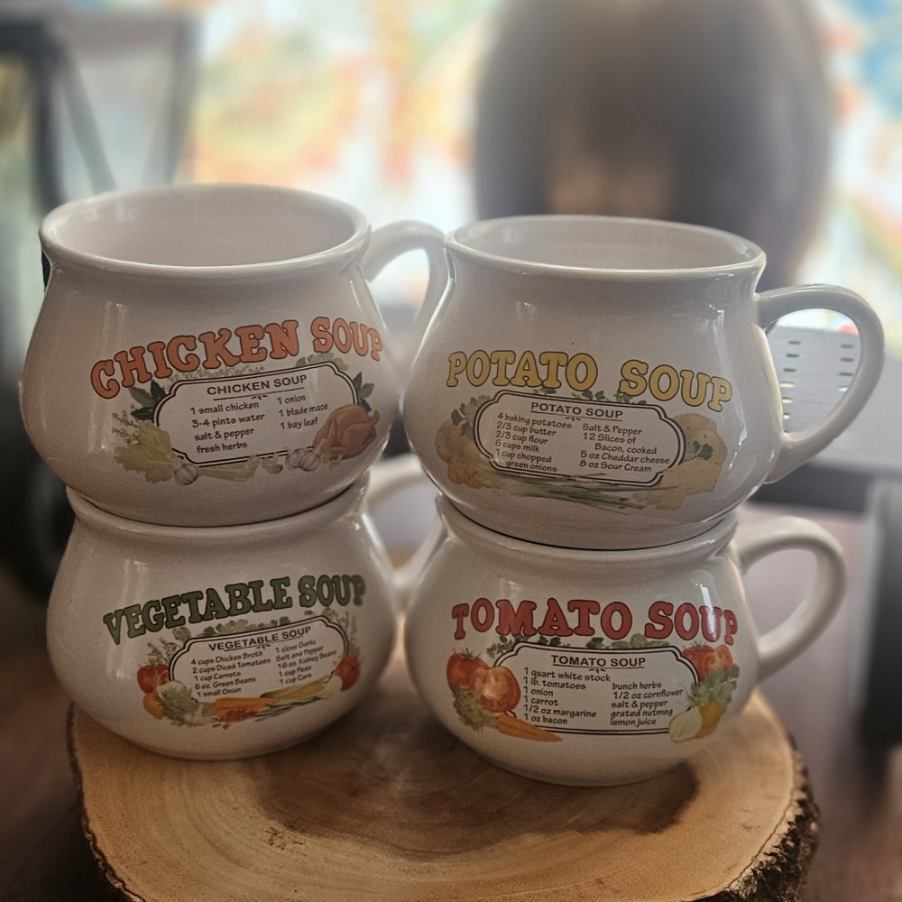 Vintage 90s Recipe Soup Mug Set of 4 with Assorted Colors